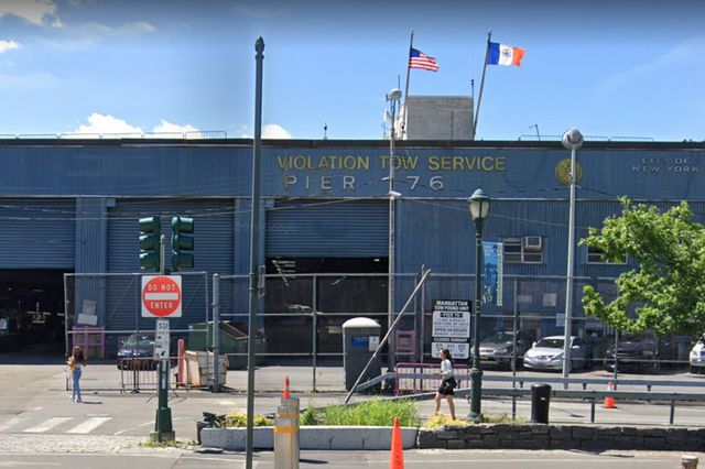 A June 2019 view of Pier 76 on Manhattan's west side, where an NYPD tow pound is currently located.